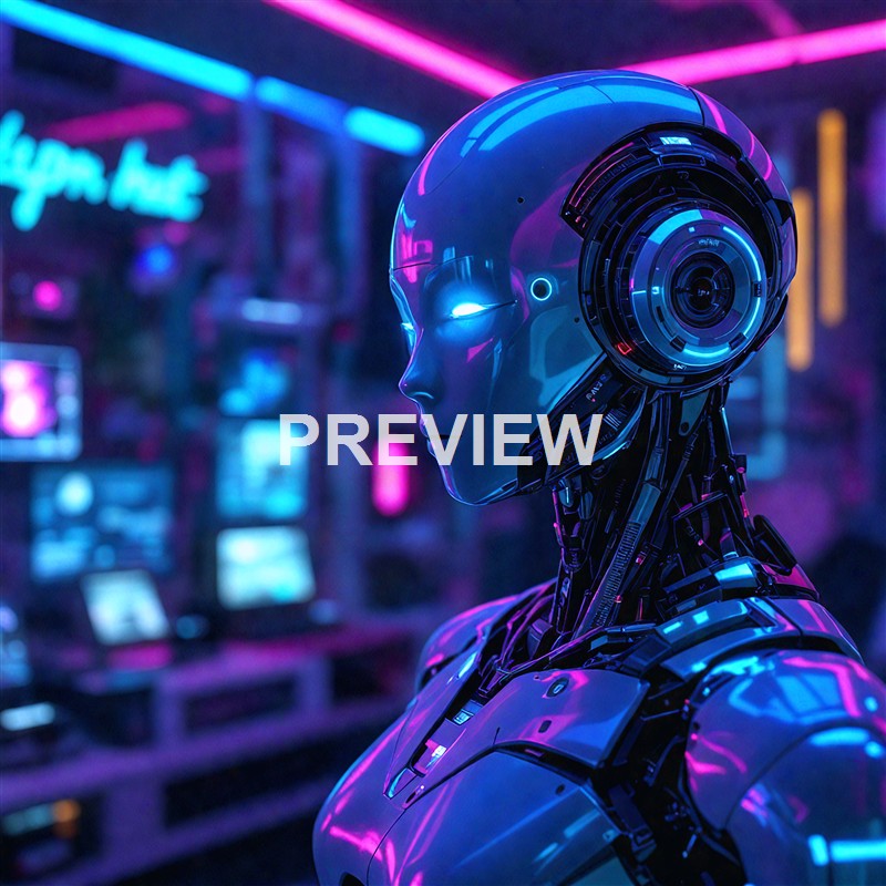 A highly detailed humanoid robot with a sleek, futuristic design and glowing blue accents, set against a vibrant, neon-lit background.